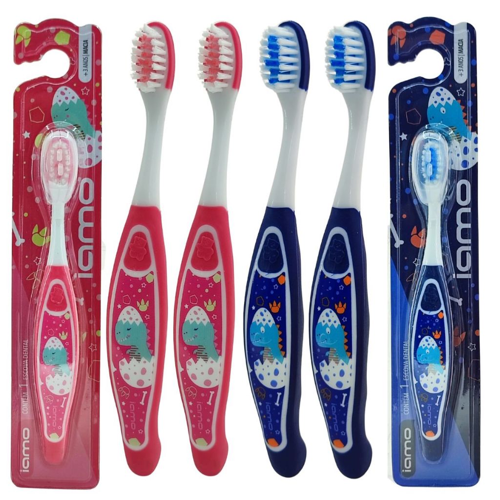 Kit 4 Escovas de Dente Infantil Dinossauro Macia Dental Acima de 3 Anos Cabo Emborrachado Rosa Azul em Oferta na Shopee