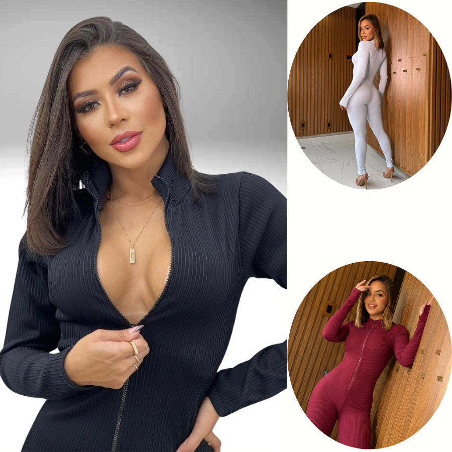 Macacão Feminino Longo Canelado 3D Premium Zíper Frontal Virgínia Moda Gringa Manga Longa e Calça em Oferta na Shopee