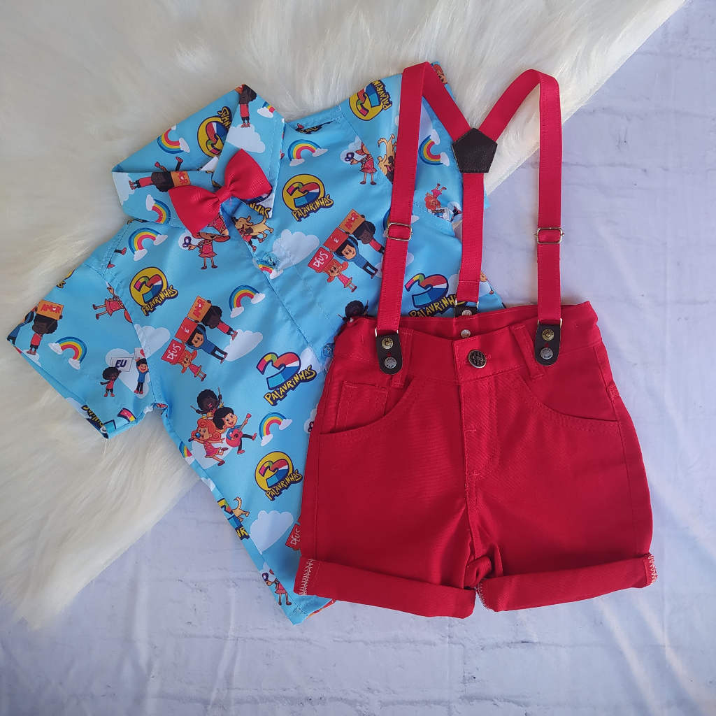 Conjunto 3 Palavrinhas Menino Roupa Temática Social Festa Aniversário Camisa e Bermuda com Suspensório