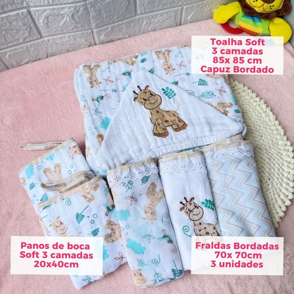 Toalha de banho bebe soft 3 camadas + 3 fralda bordadas + panos de boca soft com alça de chupeta