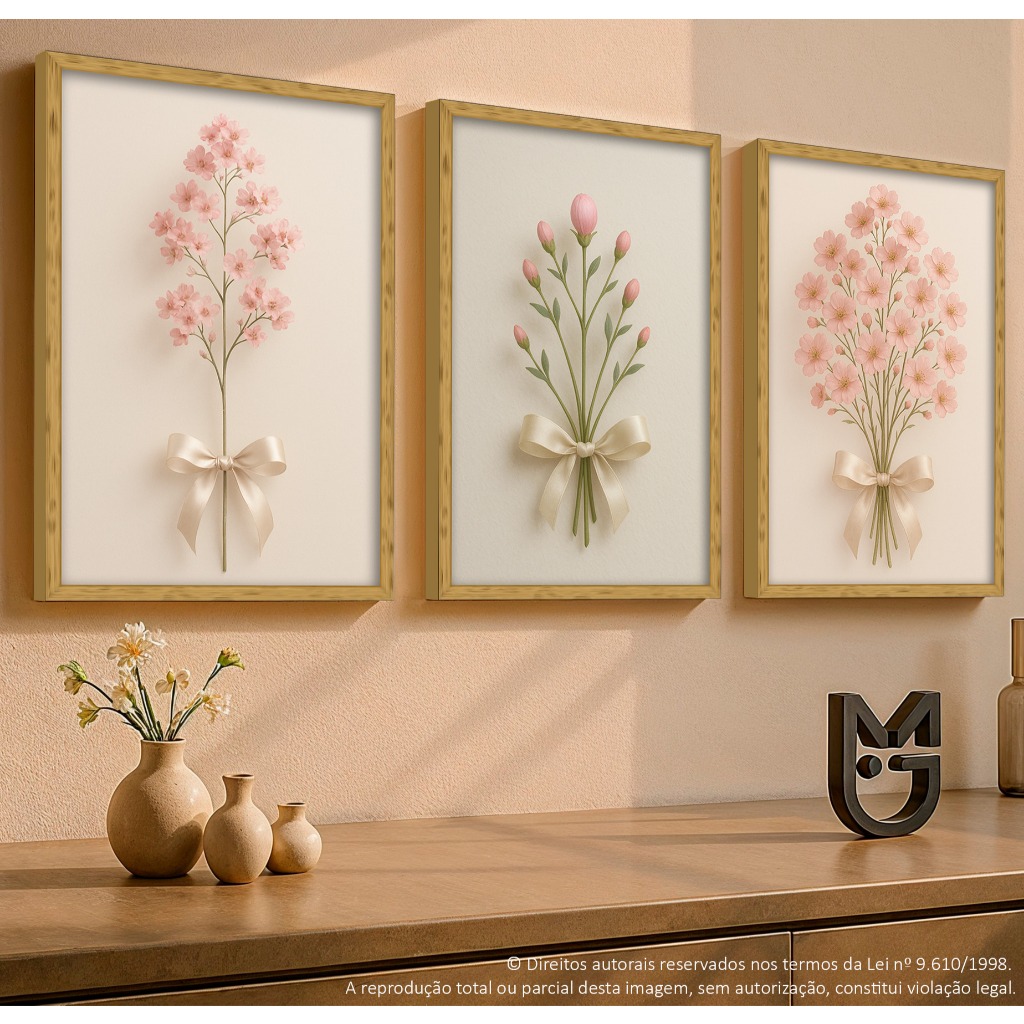 Quadro decorativo quarto minimalista flores laço rosa decoração sala escritório em Oferta na Shopee