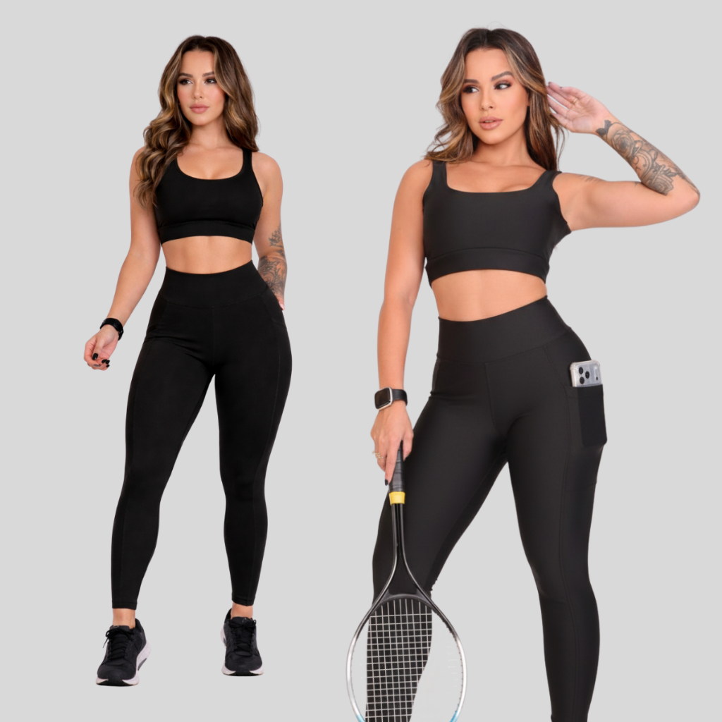 Conjunto Top + Calça Legging com bolso Fitness Cintura Alta Modeladora com Bolso Lateral Academia