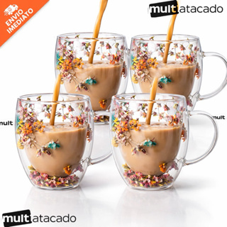 Lindo kit com 1, 2, 3 ou 4 Xícaras Caneca copo de vidro duplo com flores colorida no interior café chá design moderno em Oferta na Shopee