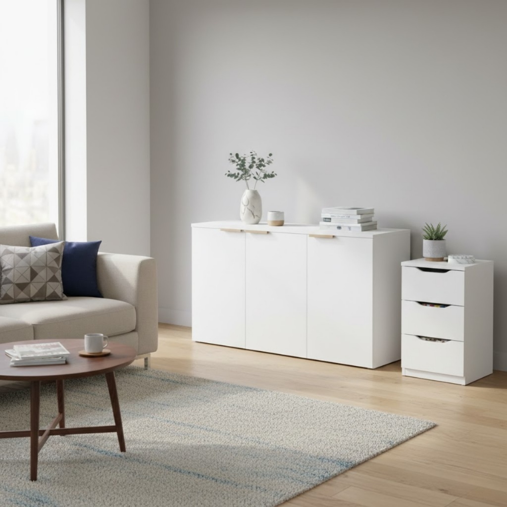 Kit com Buffet Aparador 3 Portas e Gaveteiro 3 Gavetas para Organização de Ambientes