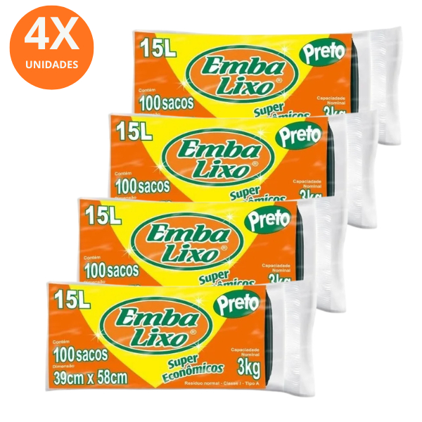 Kit 4x Saco De Lixo Embalixo 15 Litros Super Econômico 100 Unidades