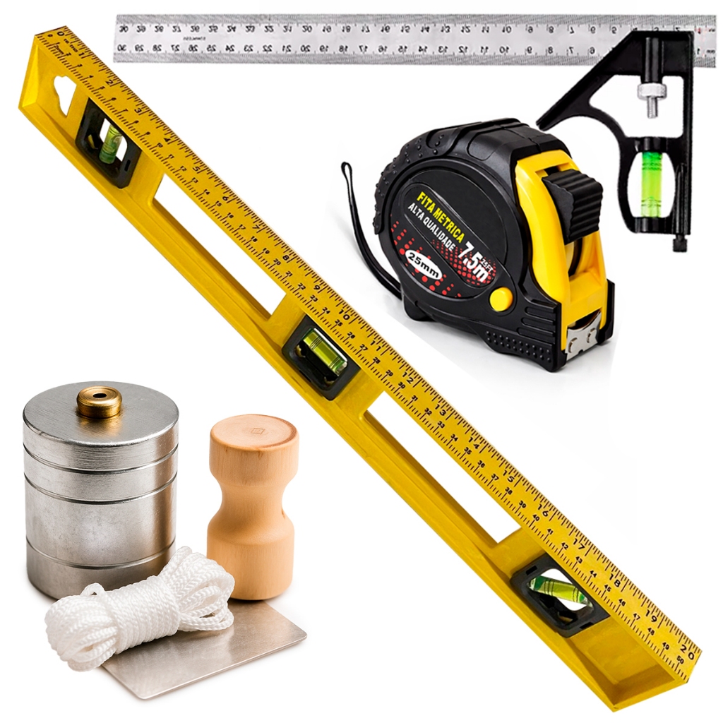 Kit Ferramentas Obra Pedreiro Esquadro Combinado Prumo 500g Profissional