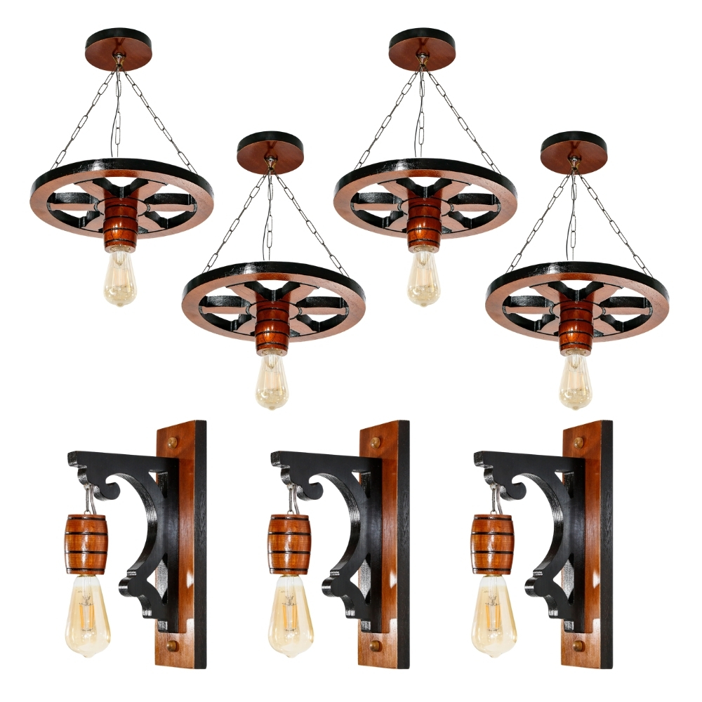 Kit 7 Luminárias Pendente Roda de Carroça e Luminárias Arandela Retrô Para Decoração - Mogno