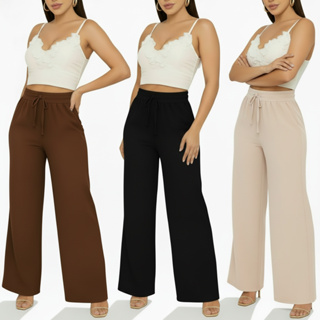 Kit 1 a 3 Calça Pantalona Feminina Cintura Alta Com Bolso Tecido Duna Tendencia em Oferta na Shopee