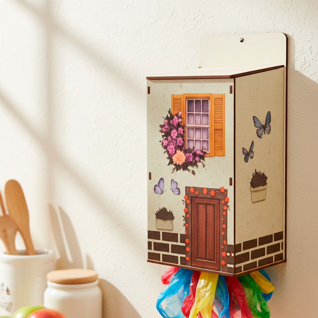 Puxa Saco Organizador De Sacolas Plastica Mdf Casinha Decorativo Suporte De Parede Cozinha Lavanderia Pratico