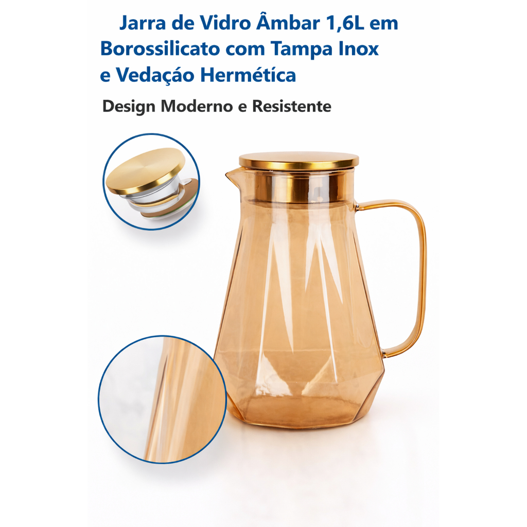 Jarra de Vidro Âmbar 1,6L em Borossilicato com Tampa Inox Vedação Hermética Design Moderno