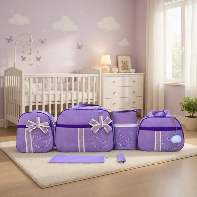 Bolsa Maternidade Kit 5 Peças Para Bebê Menina / Borboleta Com Mochila / Térmica e Impermeável