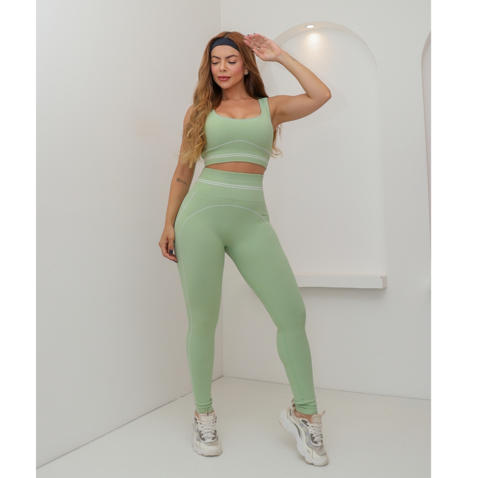 Conjunto Fitness Feminino Canelado Premium com Bojo Legging Cintura Alta Academia 3RD SD1862