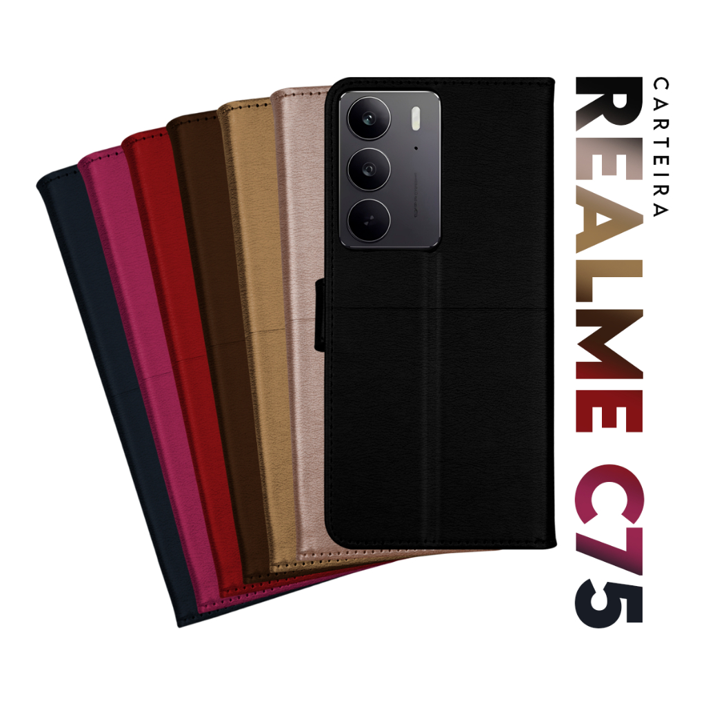 Capa Case Capinha Carteira Flip Cover Couro Sintético PRETA Para Novo Realme C75 tela 6.72 pol Cell in Power25