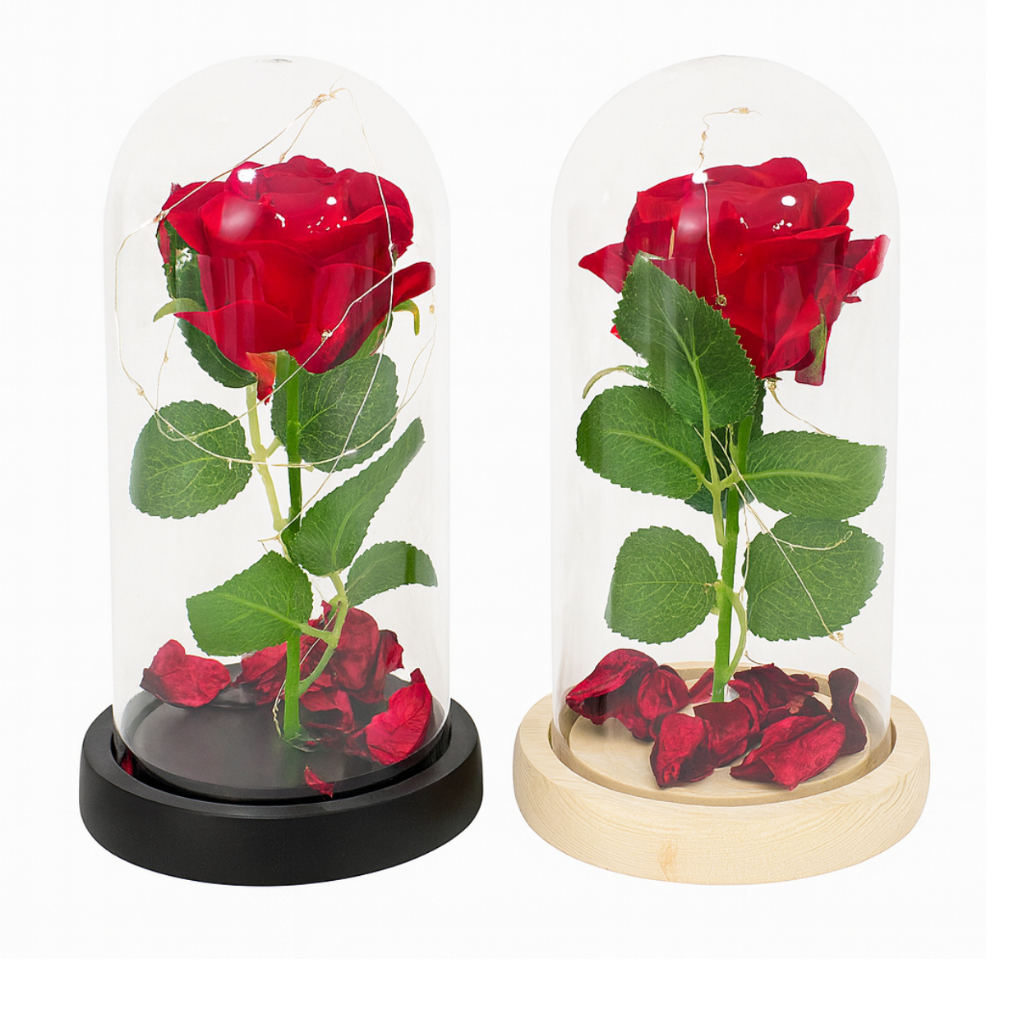 Kit 5/10 Rosas Encantada na Cúpula com Luz LED – Base Madeira/Preta – Decoração Presente Romântico