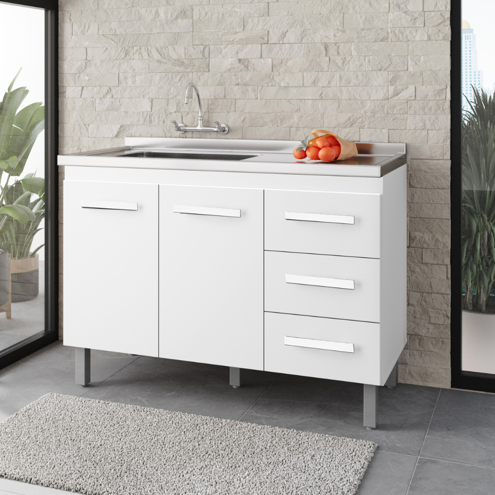 Balcão Armário Para Pia De Cozinha 1,20 3 Gavetas 2 Portas Cor Branco - TrialMoveis em Oferta na Shopee