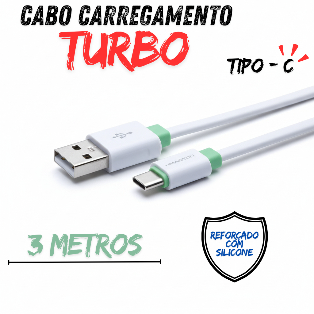 Cabo Carregamento Turbo 3 Metros Tipo C Reforçado - Android - Iphone série 15, 16 e 17