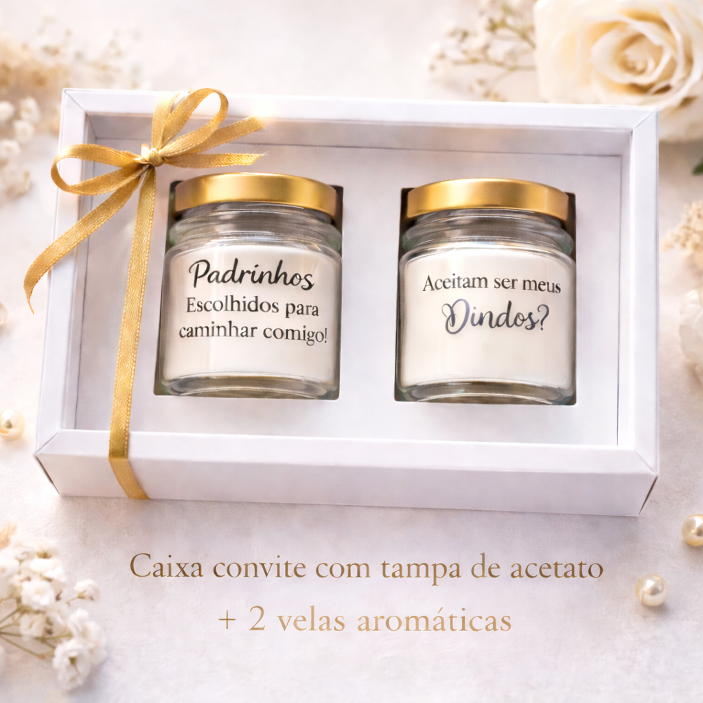 Convite Madrinha de Batismo Caixa com Tampa de Acetato + 2 Velas Aromáticas Presente Especial em Oferta na Shopee