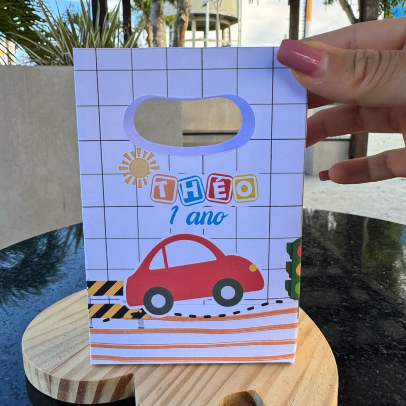 sacolinha personalizada carrinhos transporte - PEGUE E MONTE - festa infantil - lembrancinha