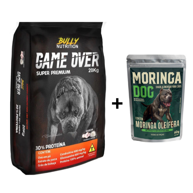 Ração Completa Para Cães Adulto Todas as Raças Game Over 20Kg Cachorro Forte + Ganhe Moringa Dog 60g
