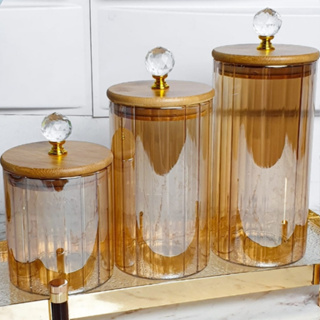 Kit de Potes de Vidro com Tampa de Bambu Hermético Canelado Âmbar Cristal Luxo Porta Mantimentos de Vidro 2 ou 3 Peças em Oferta na Shopee