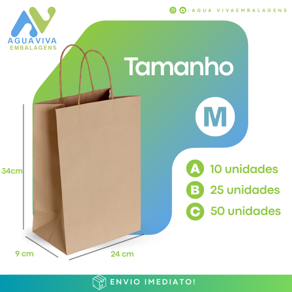 Sacolas De Papel Kraft Tamanho M (34x24x09)  10, 25 ou 50 unidades - Escolha