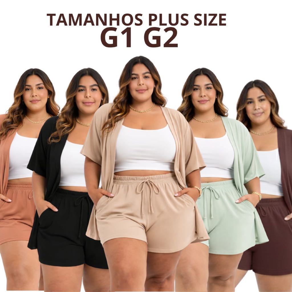 CONJUNTO 2 PEÇAS KIMONO SHORT DUNA PLUS SIZE ELEGANTE MODA PRAIA BOLSO FACA TENDENCIA VERÃO 2026