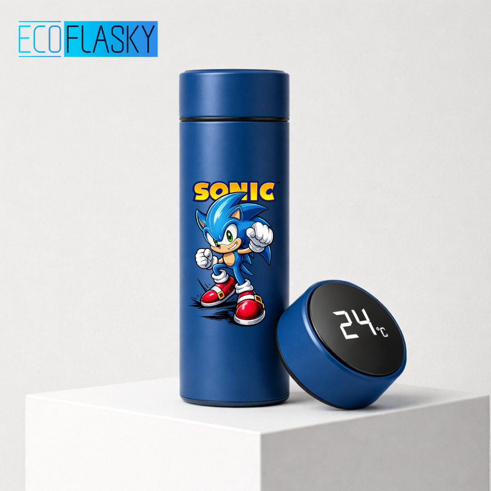 Garrafa Térmica de Água Aço Inoxidável Sonic Turma de Sonic Termometro LED Digital Estampada 500ml