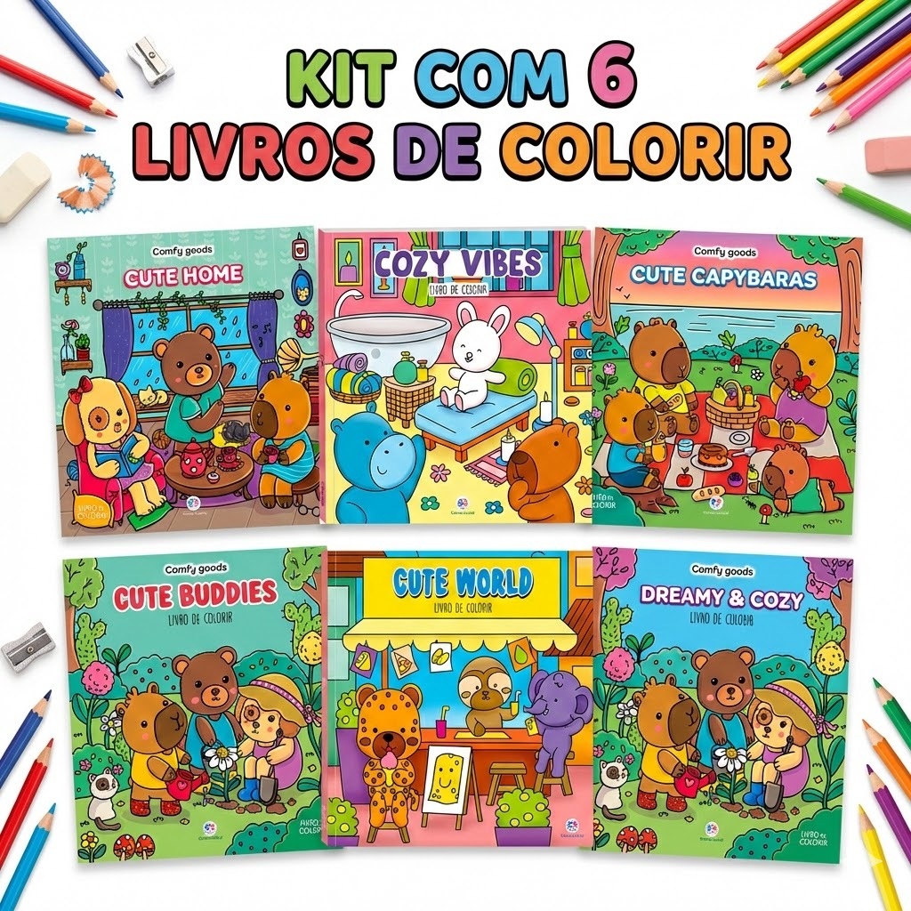 Kit 6 Livros de Colorir Cute Comfy Goods Desenhos Fofos e Criativos Arte Relaxante em Oferta na Shopee
