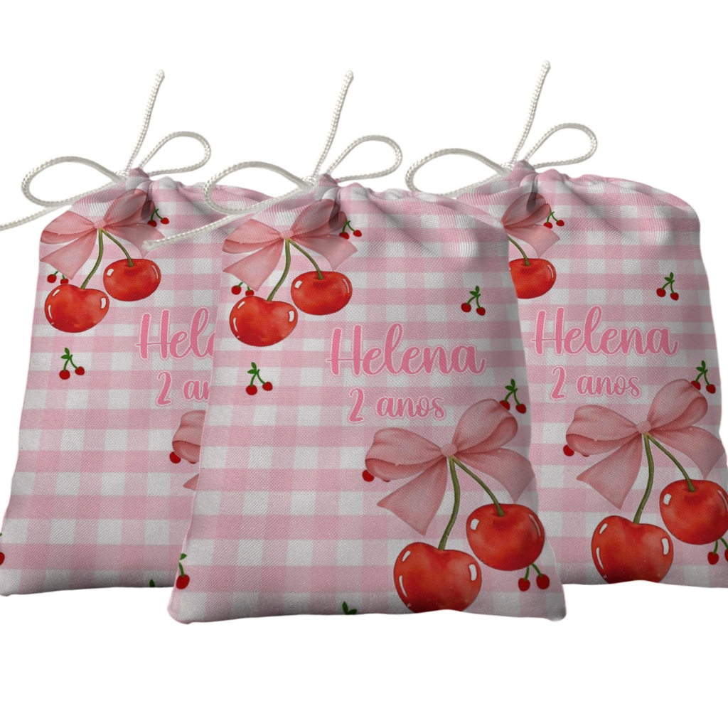 Sacolinha Lembrancinha Festa Aniversário Surpresa Tecido Personalizado Cerejinha Rosa