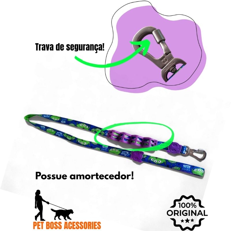 ​🐾 Guia Pet com Amortecedor e Trava de Segurança - Estampa Toy Story Aliens -Zee Dog Original