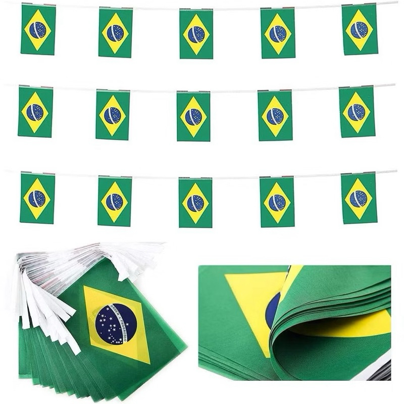 VARAL DE BANDEIRA BRASIL | TAM.: 30X20CM CADA BANDEIRA | 3,60 METROS | TECIDO | FUTEBOL | JOGO | COPA | SELEÇÃO | BRAZIL