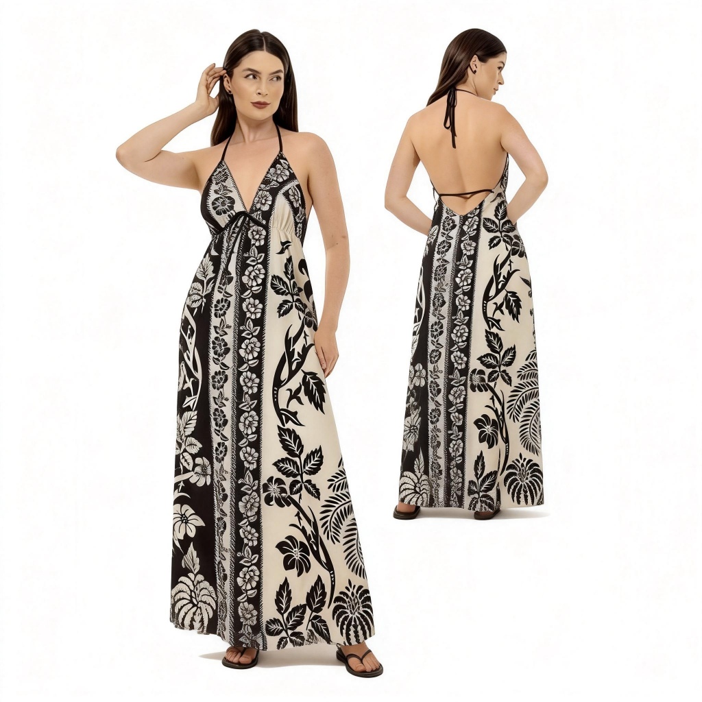 5008# Vestido Longo Preto Estampado Floral Elegante  VES-5008/WE