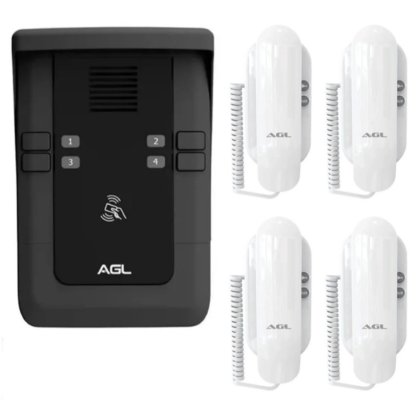 KIT PORTEIRO COLETIVO AGL S500 4 PONTOS BLUETOOTH + 4 MONOFONES (KIT INTERFONE)