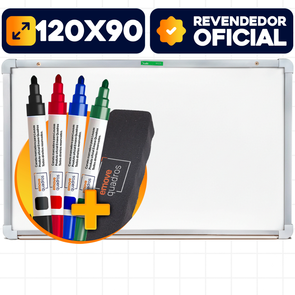 Quadro Branco Lousa Branca Aluminizado 120x90 Com 4 Canetas Pincel Marcador E Apagador