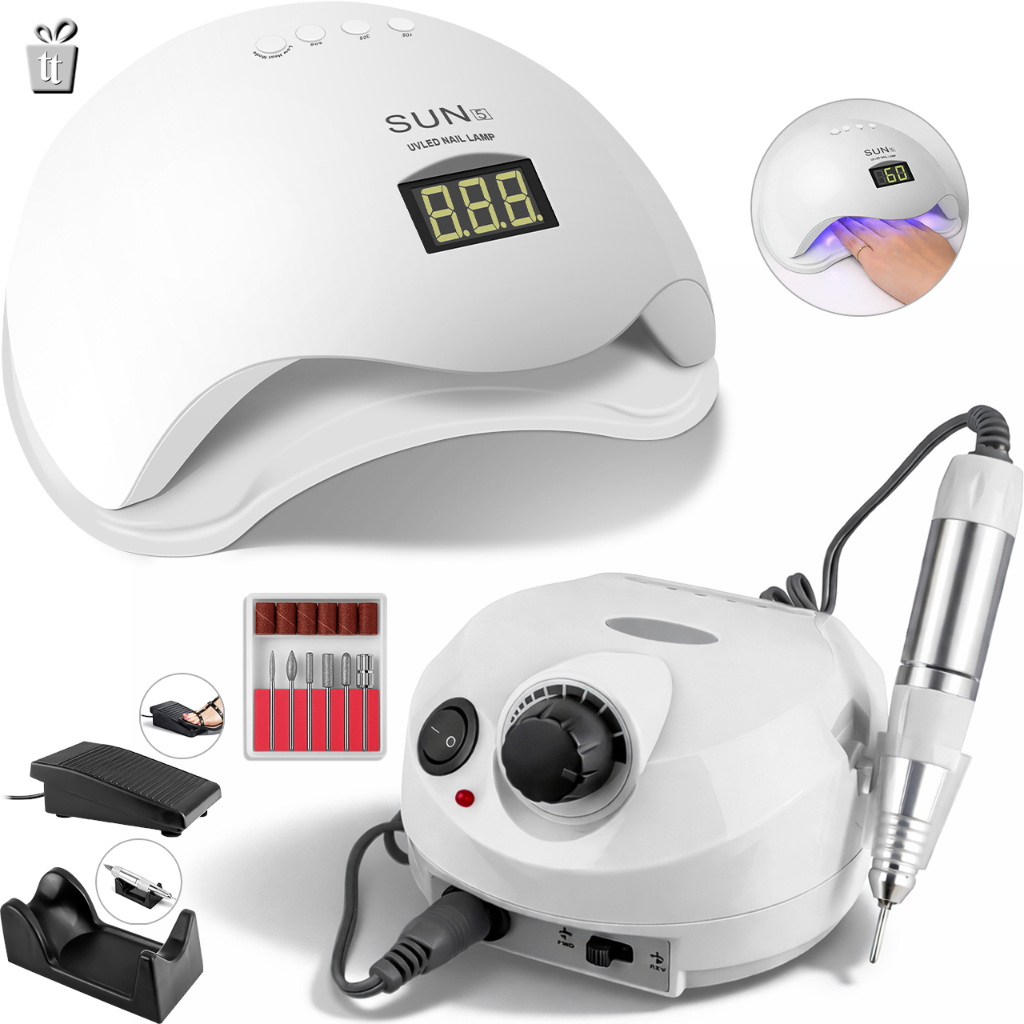 Kit Cabine Sun 5 Led Uv 48w Unha Gel Acrigel Porcelana + Motor Porquinho Lixa Lixadeira de Unhas Elétrica Manicure
