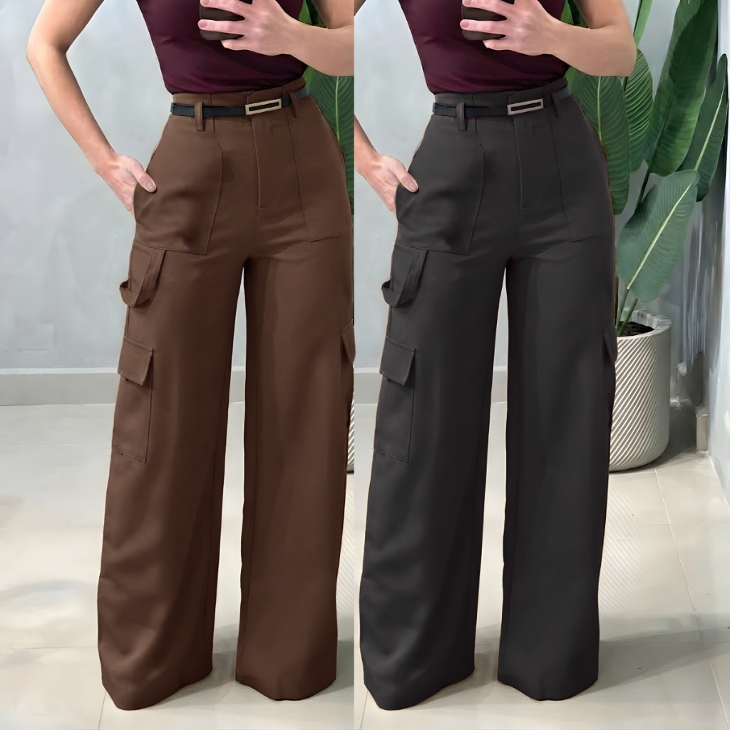Kit 2 Calça Alfaiataria Social Feminina Pantalona Cargo Wide Leg Bolsos Cós Alto
