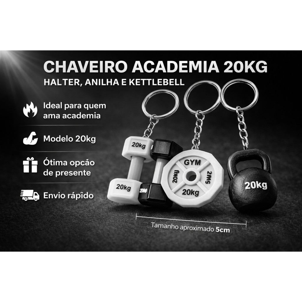 Chaveiro Academia 20kg Halter Anilha Kettlebell Fitness GYM Presente Criativo Maromba