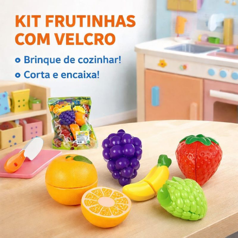 Kit 5 Frutinhas de Brinquedo com Velcro Crec Crec Infantil Educativo Montar e Cortar