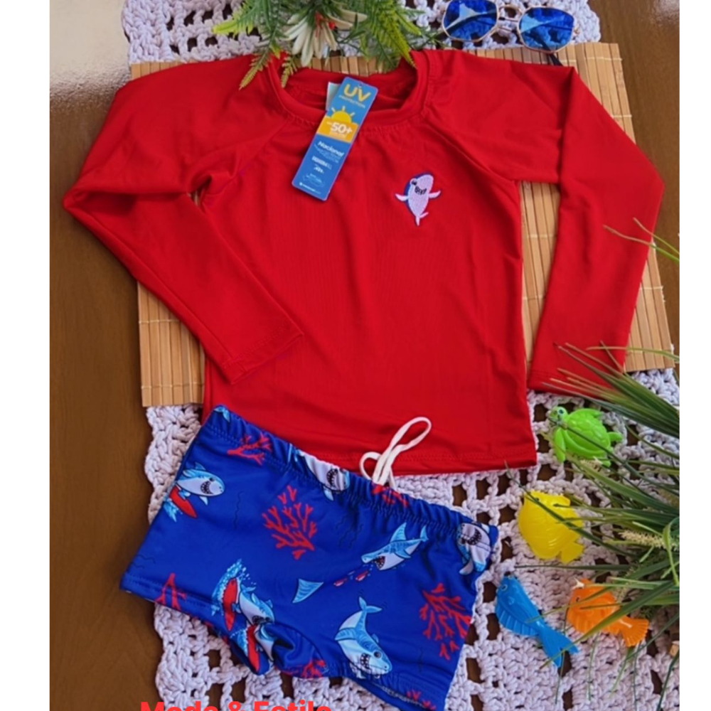 Conjunto Blusa Térmica Infantil UV50+ Com Sunga Forrada Menino Praia Piscina 1 a 10 anos em Oferta na Shopee