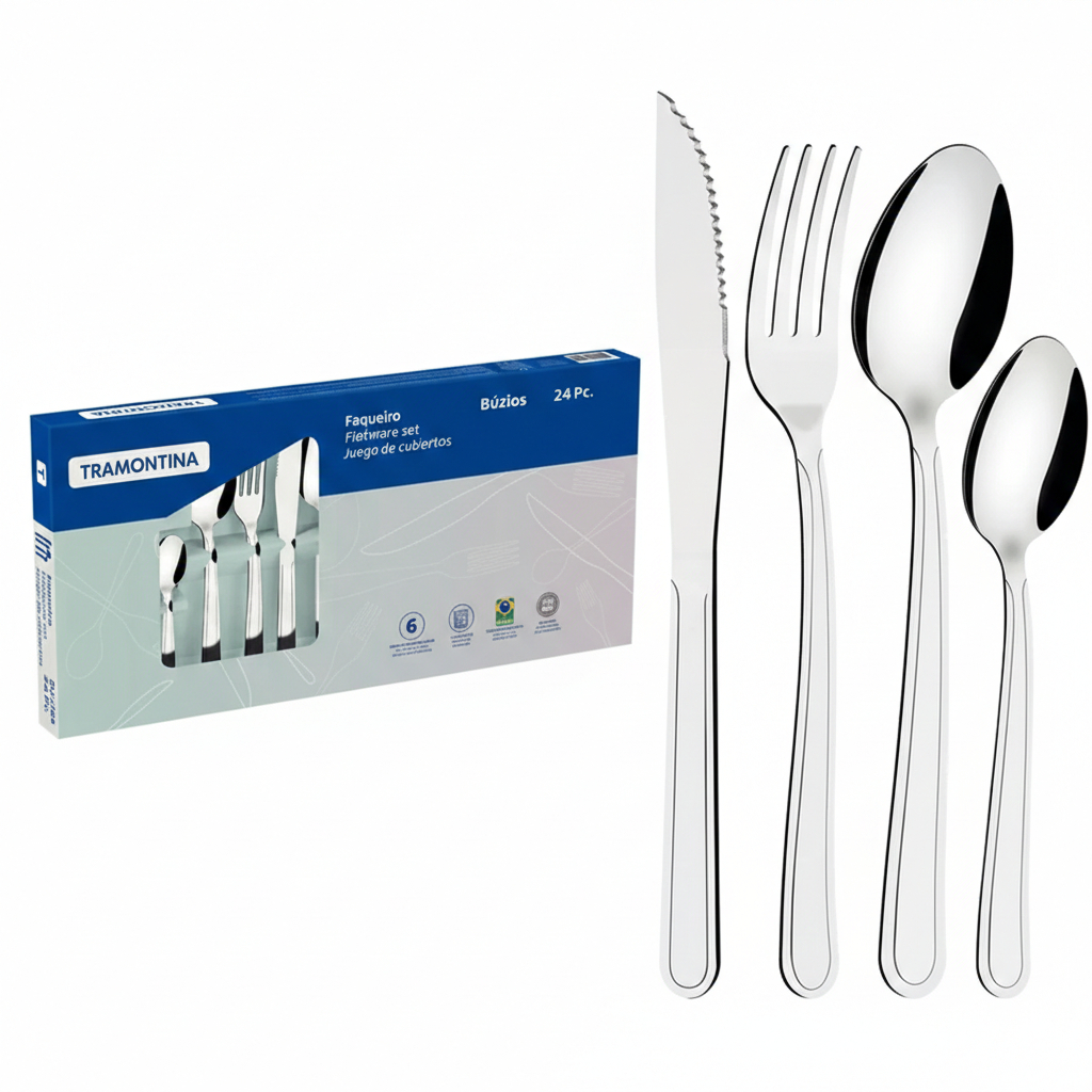 Jogo de Talheres 24 Peças Tramontina Búzios Original Aço Inox Faqueiro Completo Garfo Faca Colher Resistente