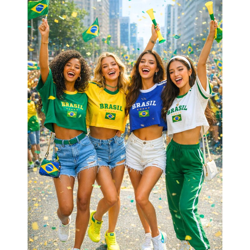 Cropped Oversized Feminino 100% Algodão Premium Estampa do Brasil Blusinha Top Manga Curta Copa em Oferta na Shopee