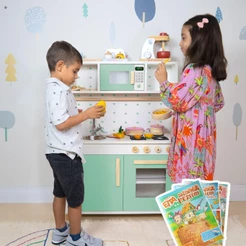 Cozinha Infantil Pia Fogão Microondas Madeira Verde Claro Faz de Conta Chef Kit Livro Educativo