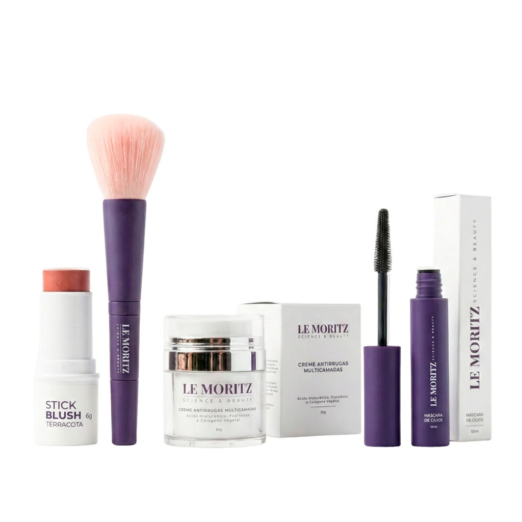Kit de Maquiagem e Hidratação para Pele 40+ Rosto e Olhos LeMoritz Blush, Rímel, Hidratante Facial + Brinde Pincel 9em1