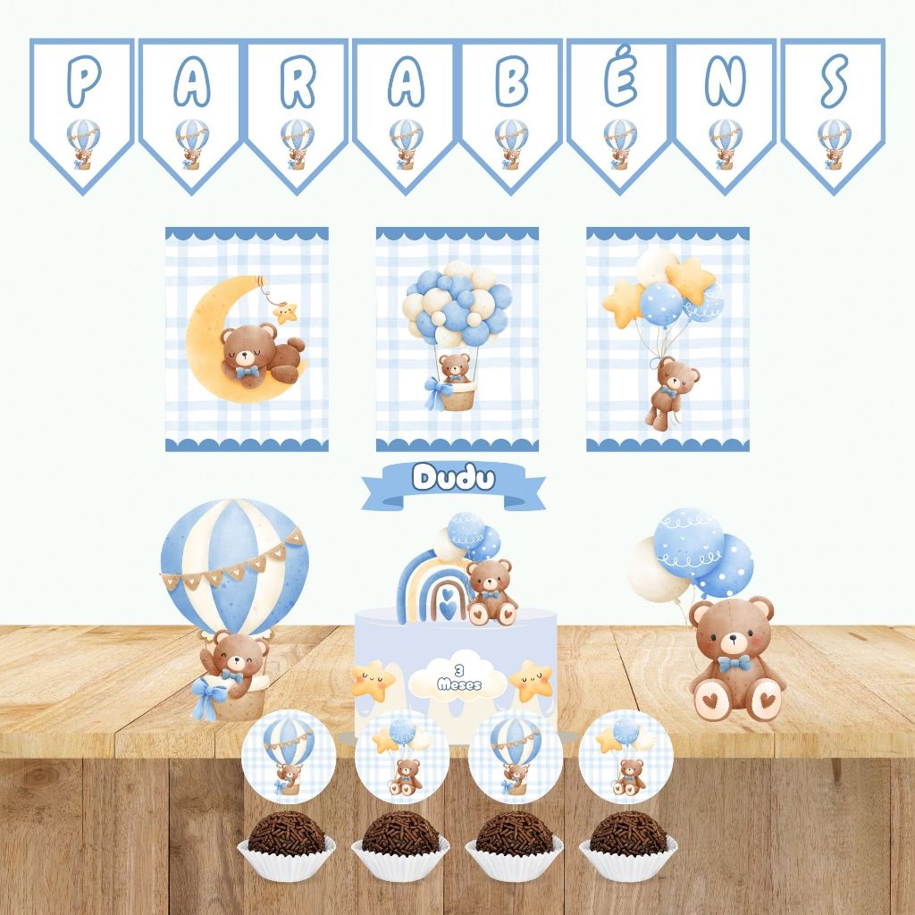 Kit Só Um Bolinho Urso ursinho baloeiro balão| Topo bolo + Bandeirola+ Poster + Tags de doce+ Display | Decoração Festa