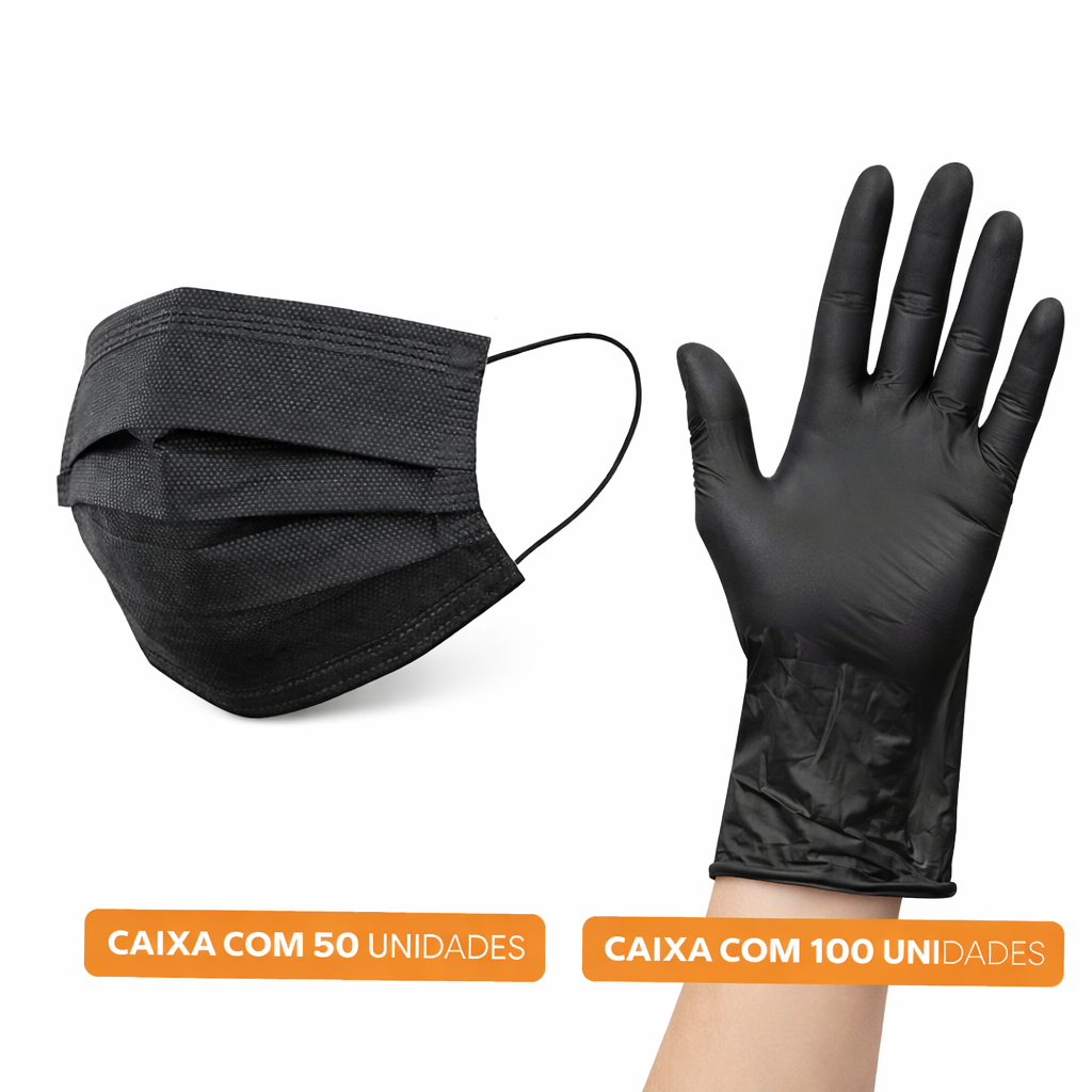 Super Kit 100 Luva Descartável Preta Nitriliíca P M G + 50 Mascara Descartável Preta Talge