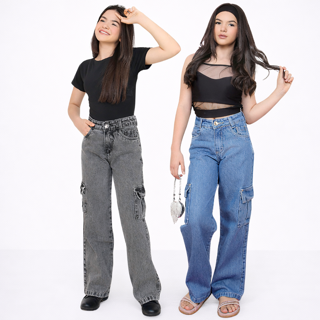 kit 2 calça cargo feminina juvenil infantil wide legue pantalona 10 ao 16