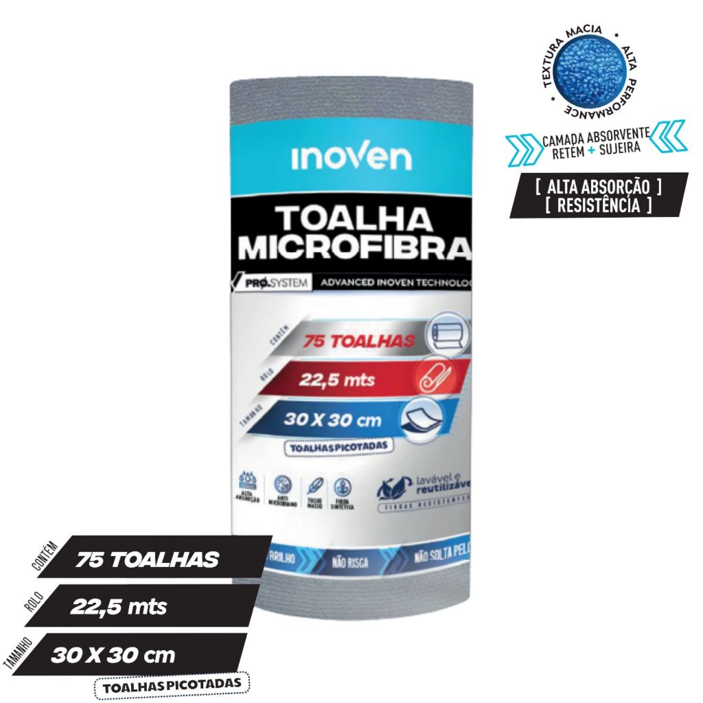 Rolo Pano Microfibra Inoven 30x30cm | Flanela Limpeza Automotiva | 10, 30 ou 75 Un | Cinza