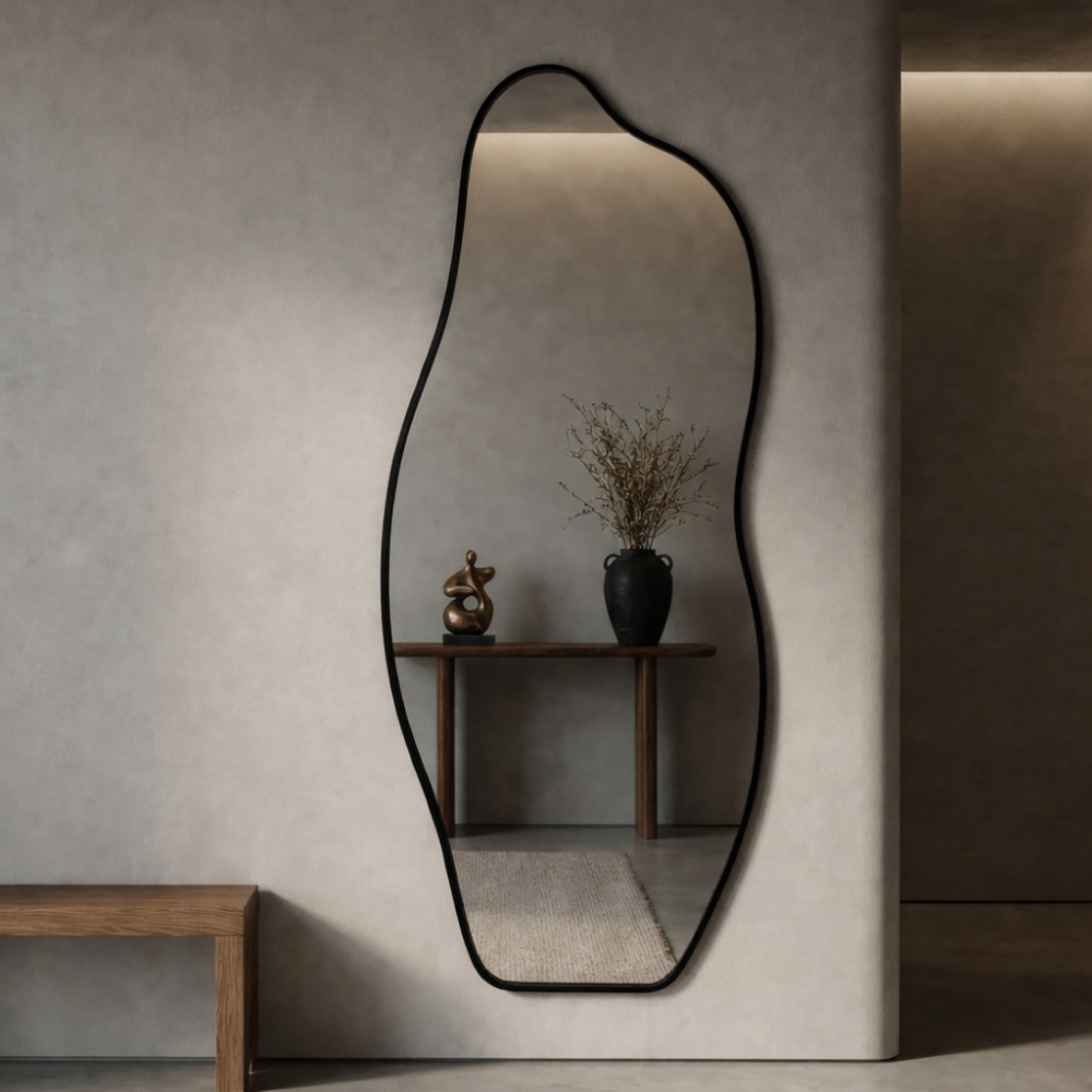 Espelho Orgânico 120x50cm Modelo Flame com Moldura de Couro Moderno Grande Luxo em Oferta na Shopee