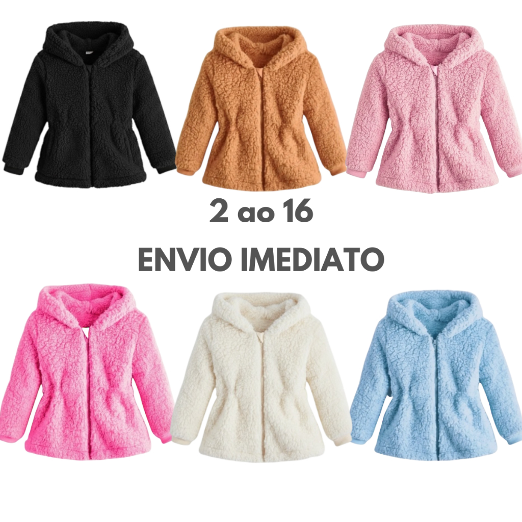 Casaco Teddy Infantil Menina Capuz Touca com Ziper Ted Tedy Forrado Quente Feminino Jaqueta Infantil Casaco Teddy Infantil Menina Capuz Touca com Ziper Ted Tedy Forrado Quente Feminino Jaqueta Infantil