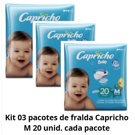 Kit 03 pacotes fralda descartável Capricho Baby M 20 Unid. Cada pacote Bebê promoção